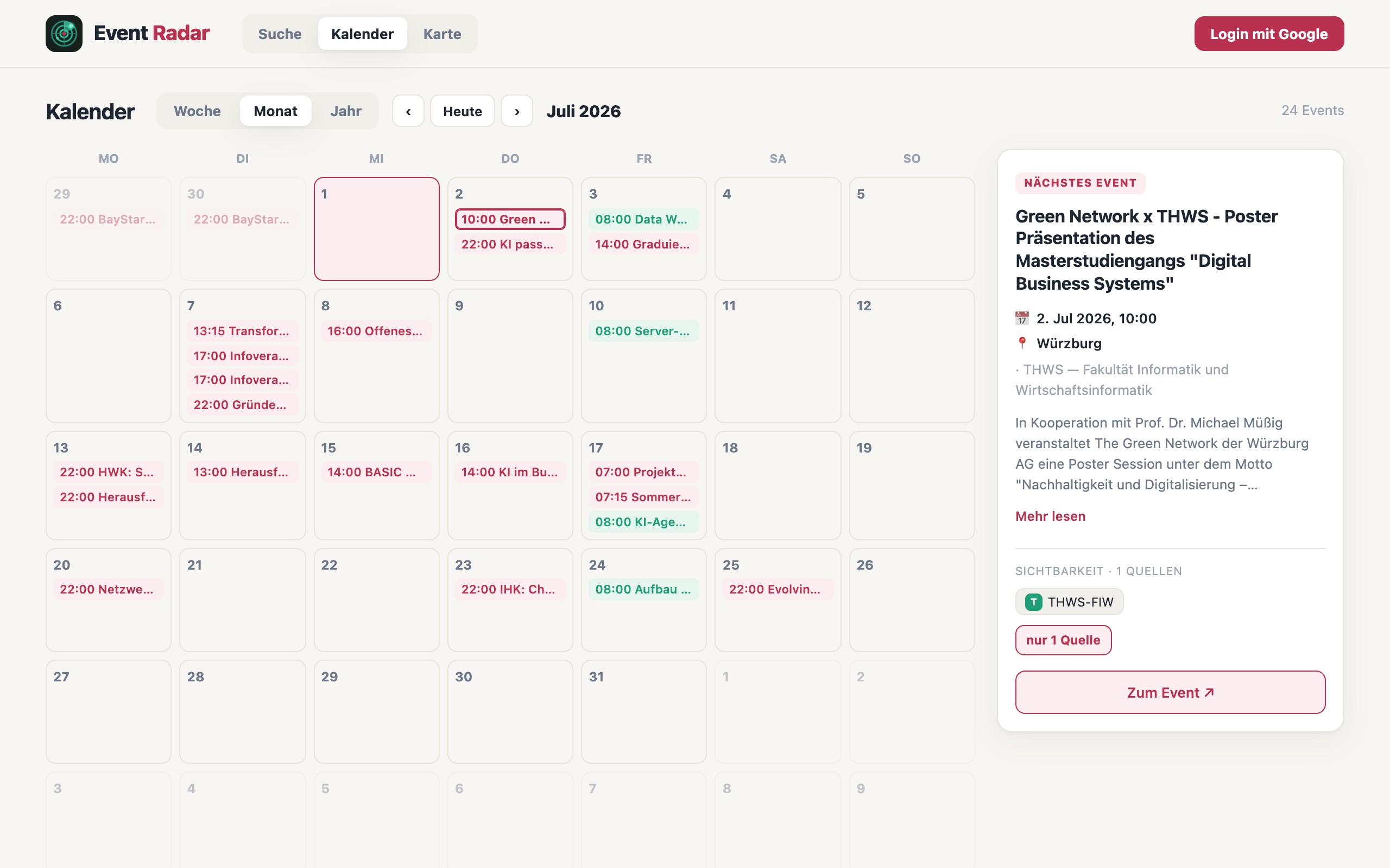 Eventradar — Kalenderansicht